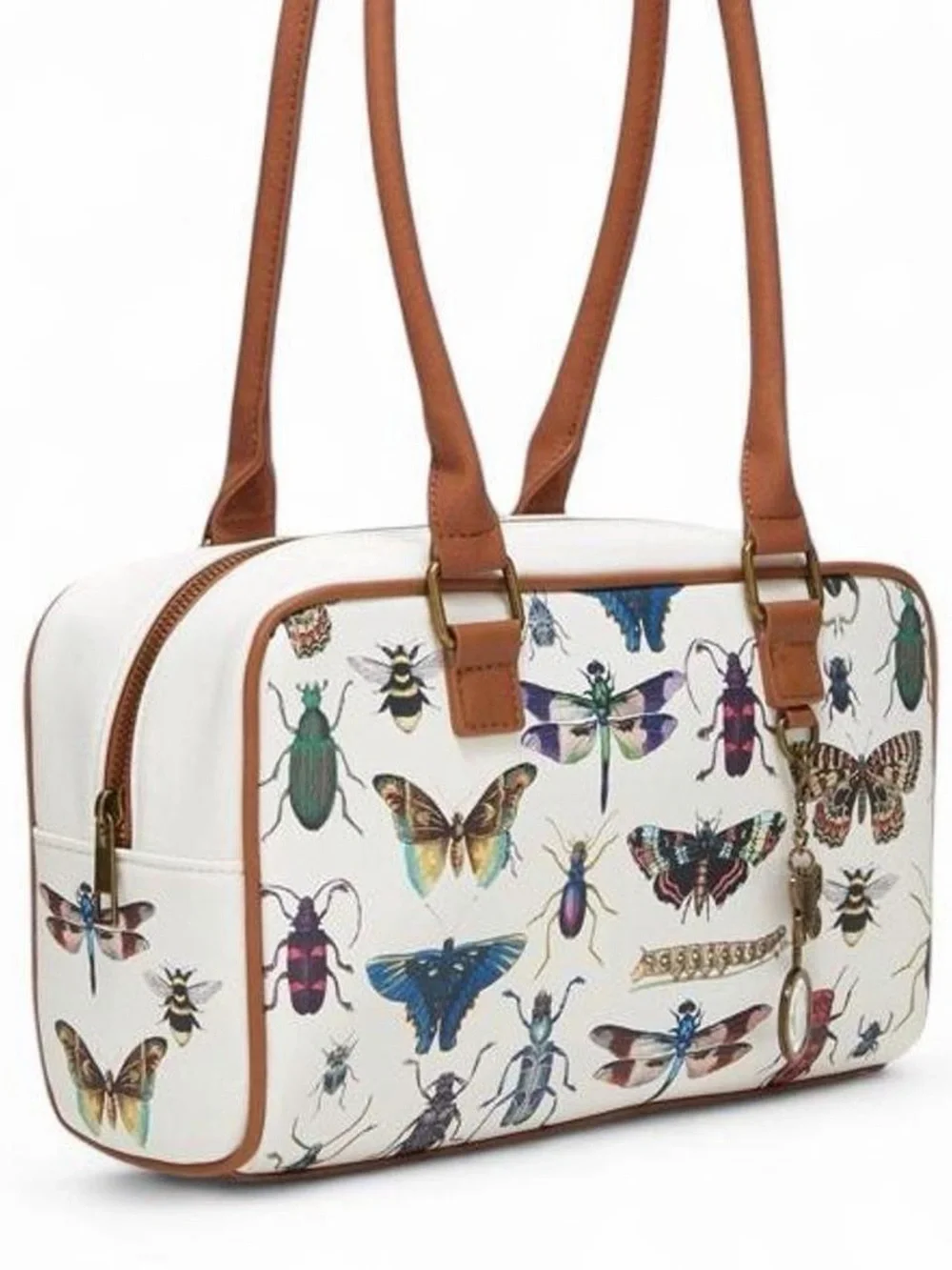 White Botanical Insect-Print Satchel with Tan Straps